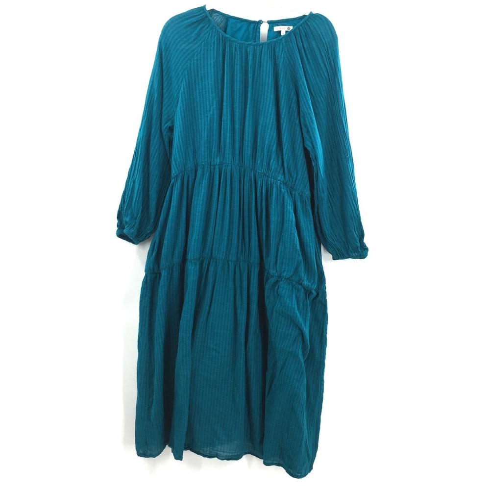 Sundry Anthropoligie Teal Striped Long Sleeve Tiered boho midi peasant Dress 3 L